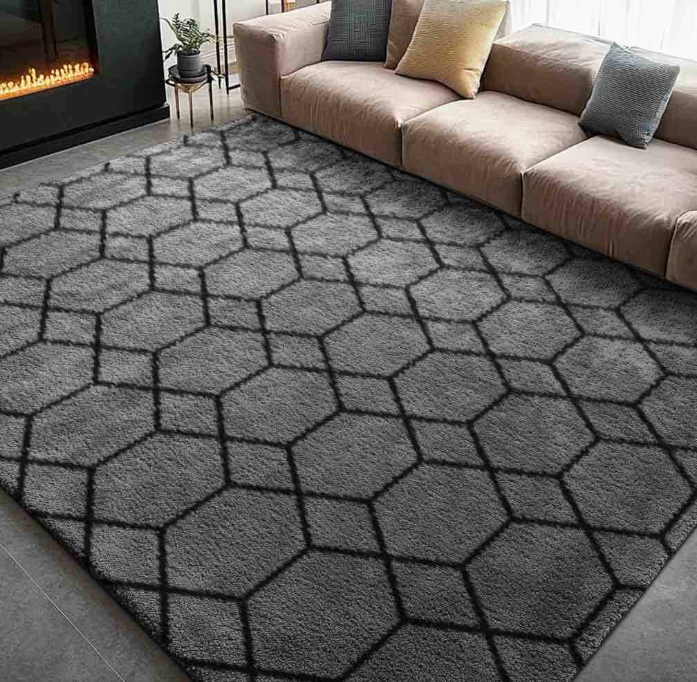 Pentantan 8ft x 10ft Shag Area Rugs for Living Room  Modern Geometric Fluffy Bedroom Carpet  Black & Gray