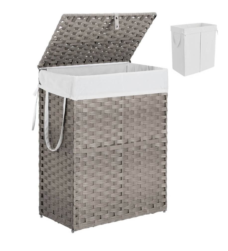 edx laundry basket with lid  90 l hand-woven pp rattan laundry basket with handle  foldable  removable liner  gray