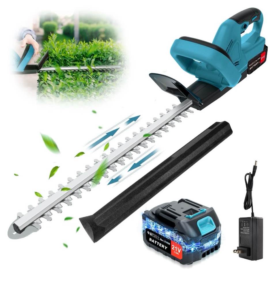 cordless hedge trimmer, 21v electric hedge trimmer with 22-inch double action blade, double safety handle, 3.0ah battery & charger, for shrub cutting, trimming