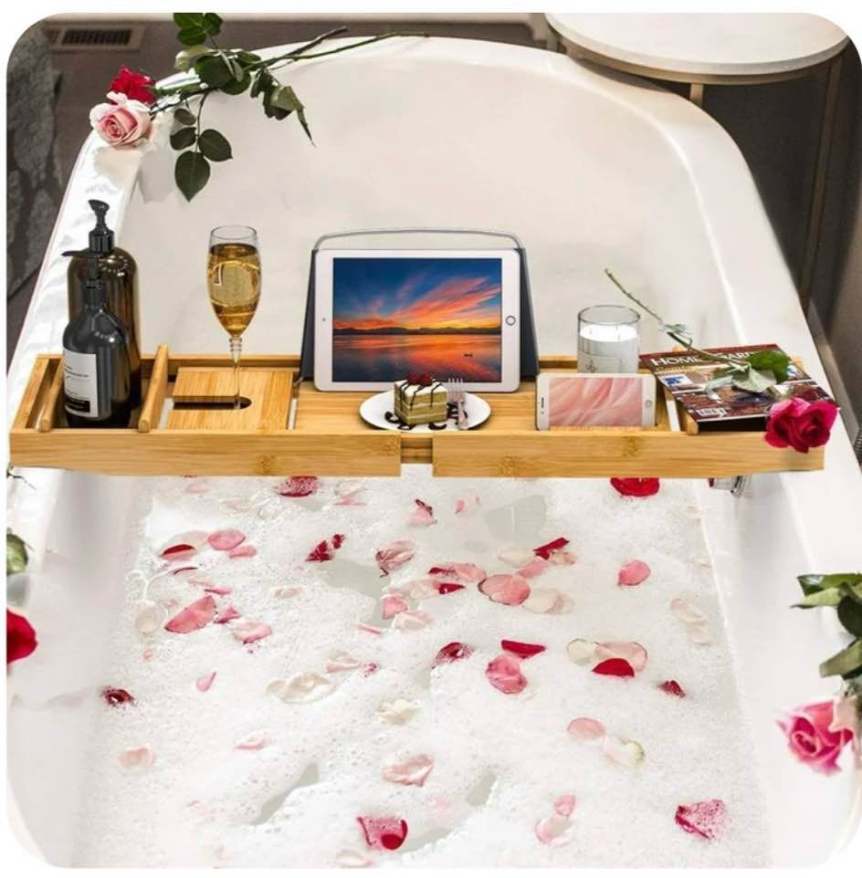 bambloom luxury bathtub tray bamboo bathtub table tray with premium leather grip and non-slip pat natural