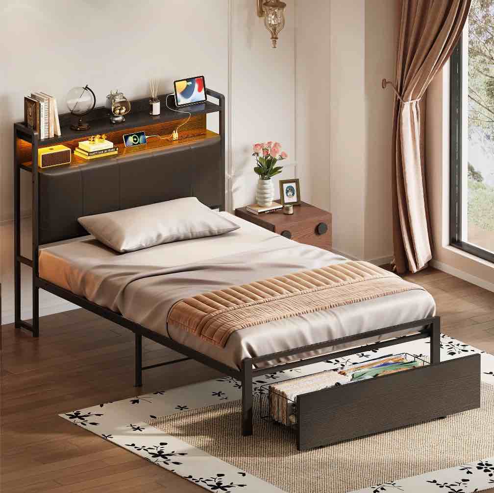 bed frame twin size with storage headboard and drawer, upholstered platform bed with charging station and led light, heavy duty frame support, no box spring needed, noise free, black