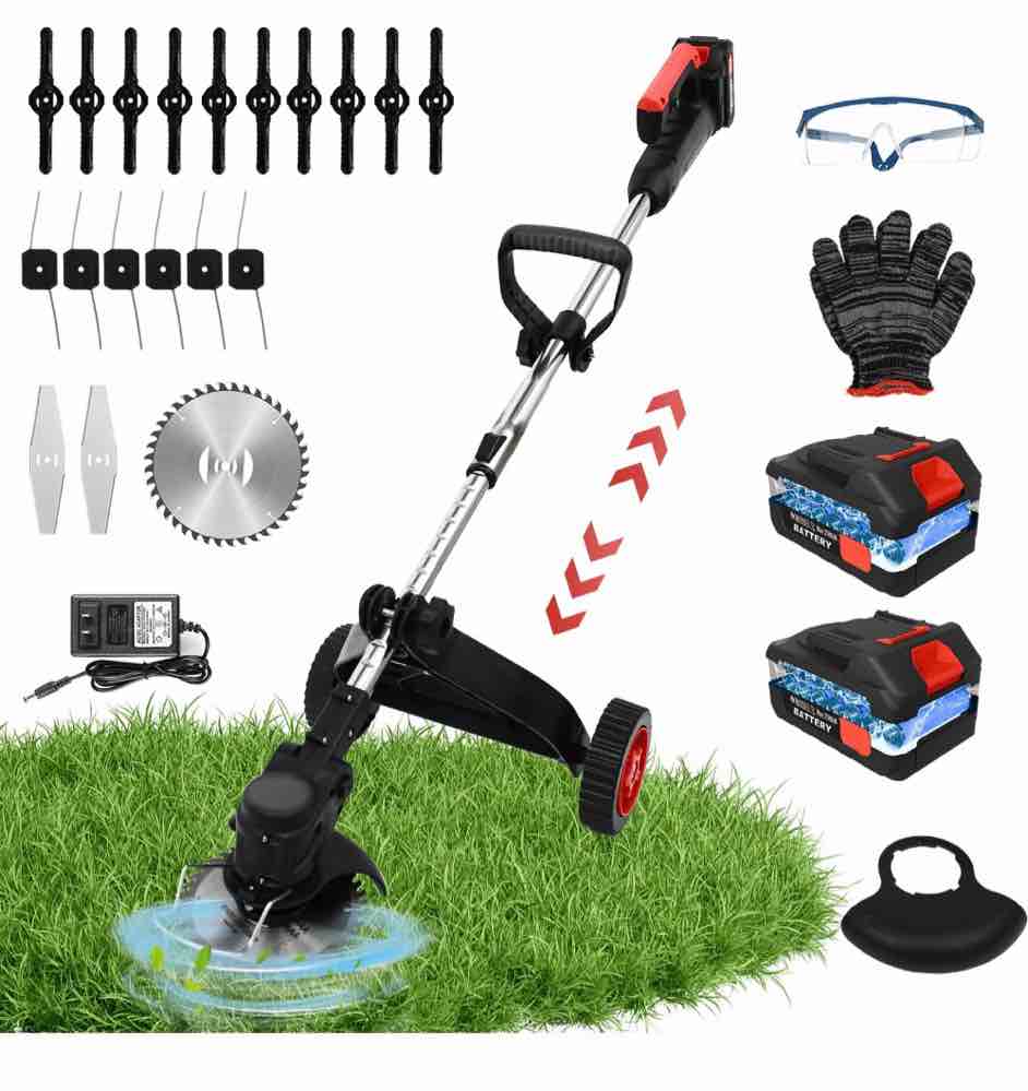 electric cordless weed eater  grass trimmer  weed wacker 2000mah batteries  lawn edger brush cutting machine adjustable handle & 3 types blades