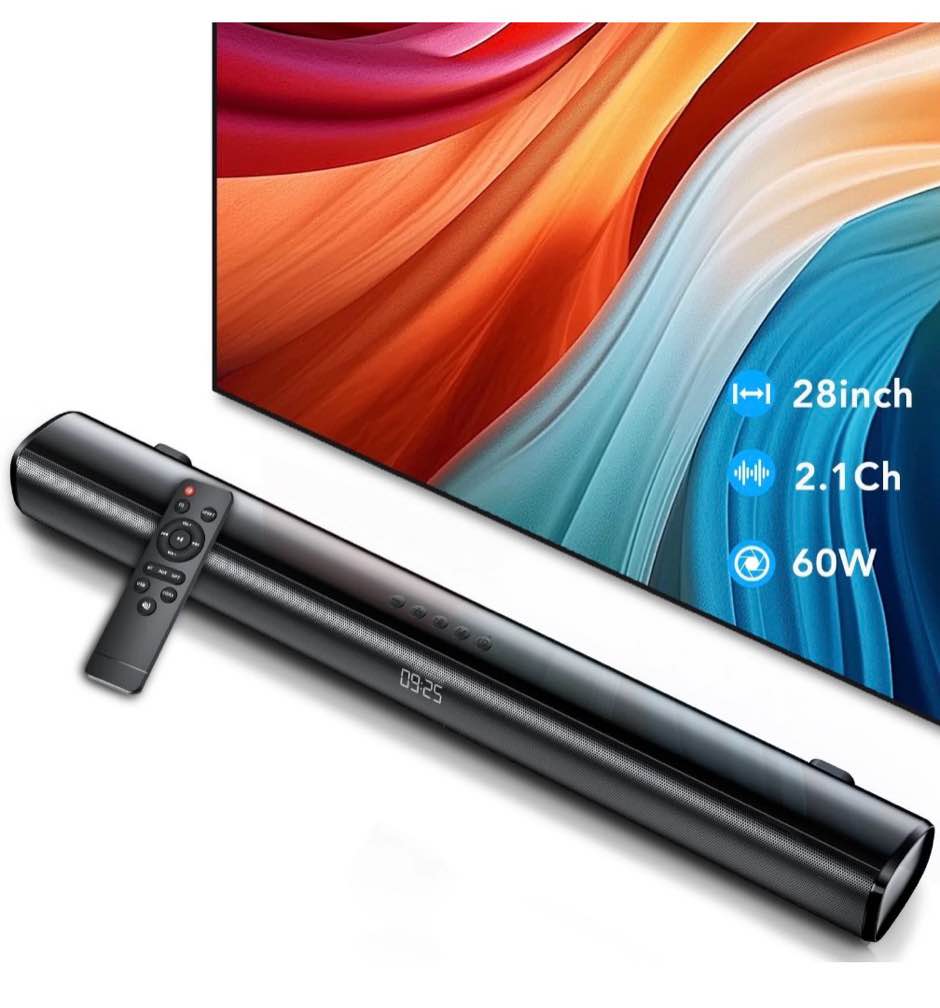 sound bar for tv, 60w soundbar tv speakers, 2.1 ch home theater with subwoofer boost, 3 equalizer modes, soundbar for tv/pc/gaming/projectors, bluetooth, opt, cox, usb & aux wall mountable