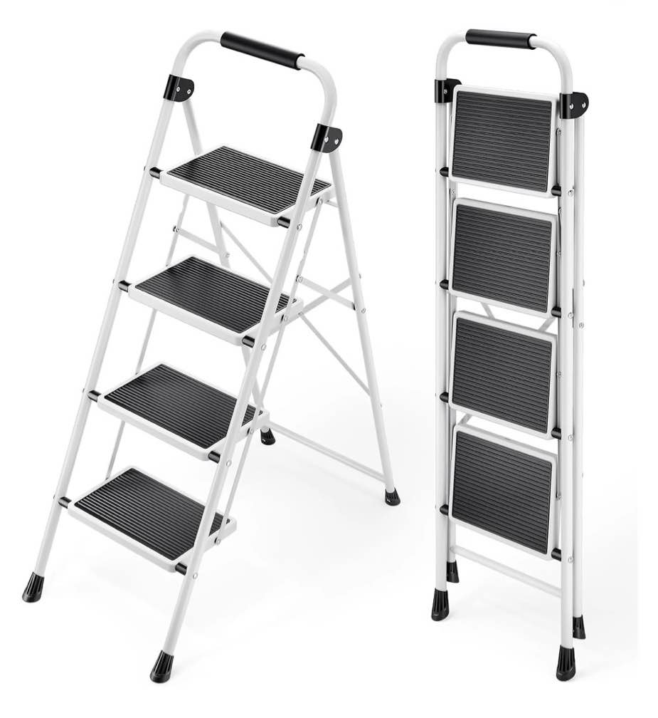 edx 4-step folding step stool for adults - 330 lbs capacity, sturdy steel frame, wide non-slip pedal & top handrail, lightweight portable ladder for home kitchen, black