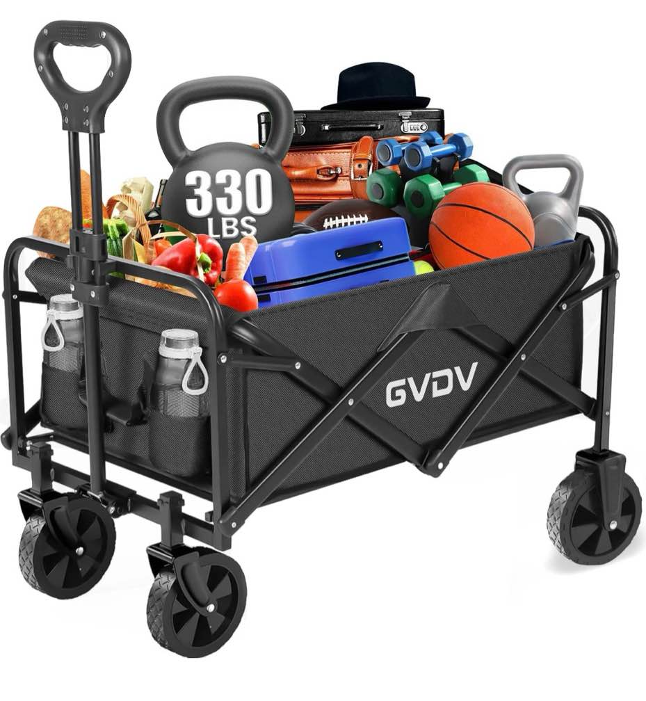 gvdv collapsible wagon cart, portable utility wagon for camping, beach, picnic, shopping, sports, and grocery transport, black