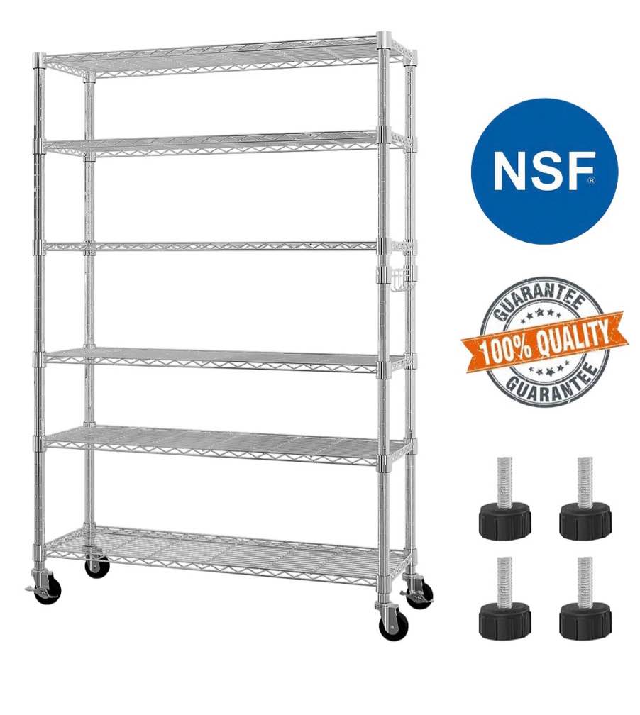 ktaxon 6 tier wire shelving with wheels 2400lbs capacity,  heavy duty storage rack for home garage, 46"w x 18"d x 82"h adjustable shelves, silver
