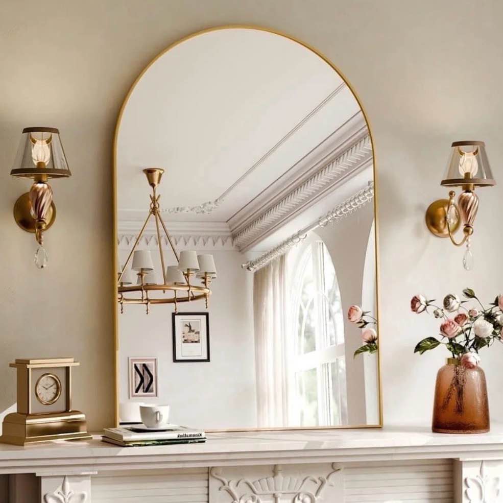 yvanla 38 x26  arched bathroom mirror wall mounted mirror with aluminum alloy frame  gold