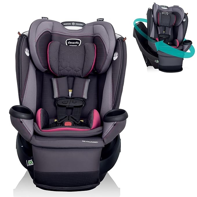 evenflo revolve360 extend convertible car seat with 360 degree rotation, extended rear-facing, forward-facing, booster mode, and secure latch install, rowe pink