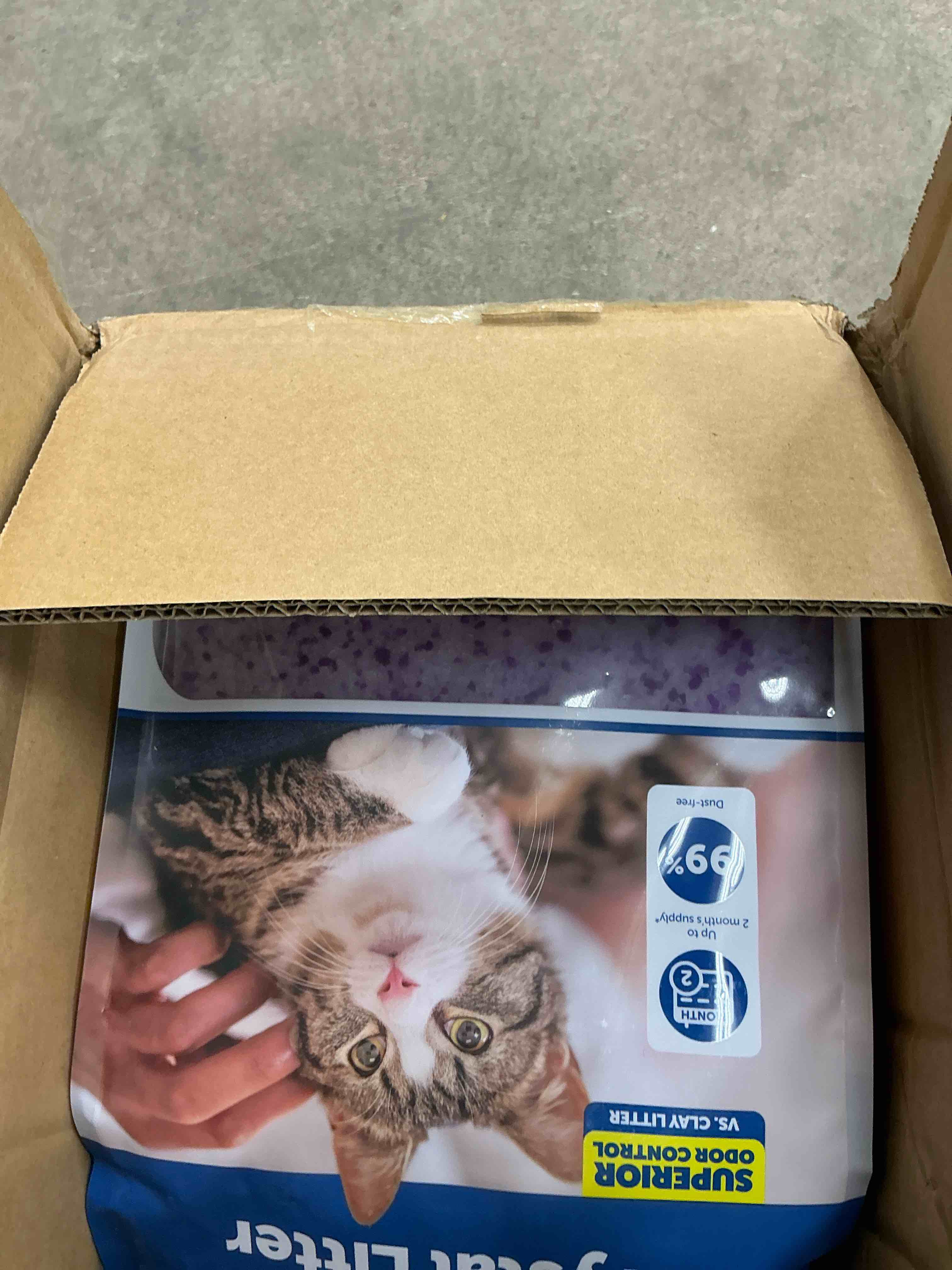 Condition photo showing New/Like New for petsafe scoopfree premium crystal cat litter - ultra-absorbent silica universal litterbox crystals - non-clumping odor control - lavender scent - 8 lb bag - 3 pack lavender 3-pack (8 lb bags)