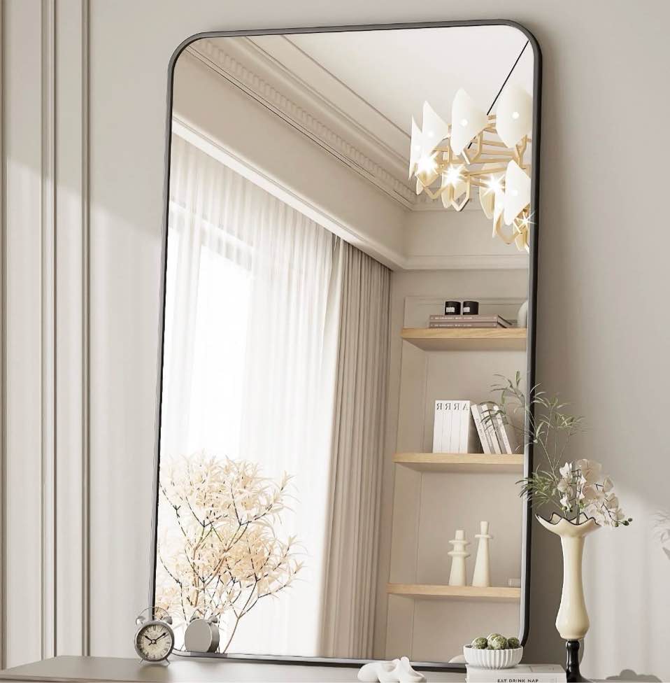 beautypeak 30"x48" wall mirror rounded corners hanging vanity mirror black
