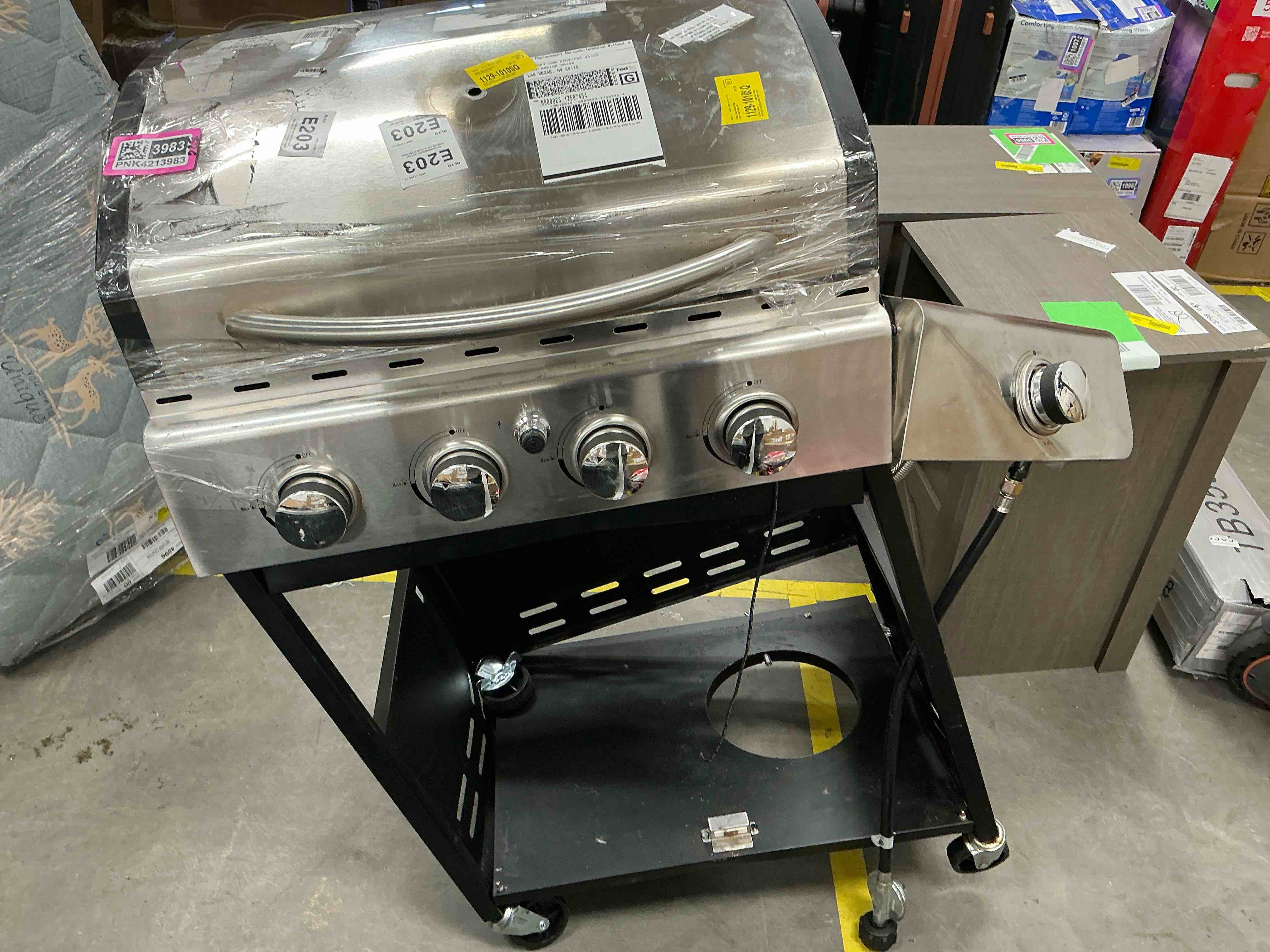 Condition photo showing As Is for mf studio 4 burner propane gas outdoor grill with side burner stainless steel bbq grill