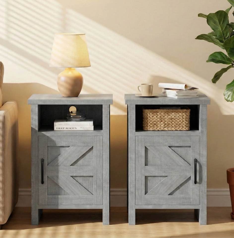 homall farmhouse nightstand set of 2 with shelf and barn door wood modern beside tables for bedroom living room, gray