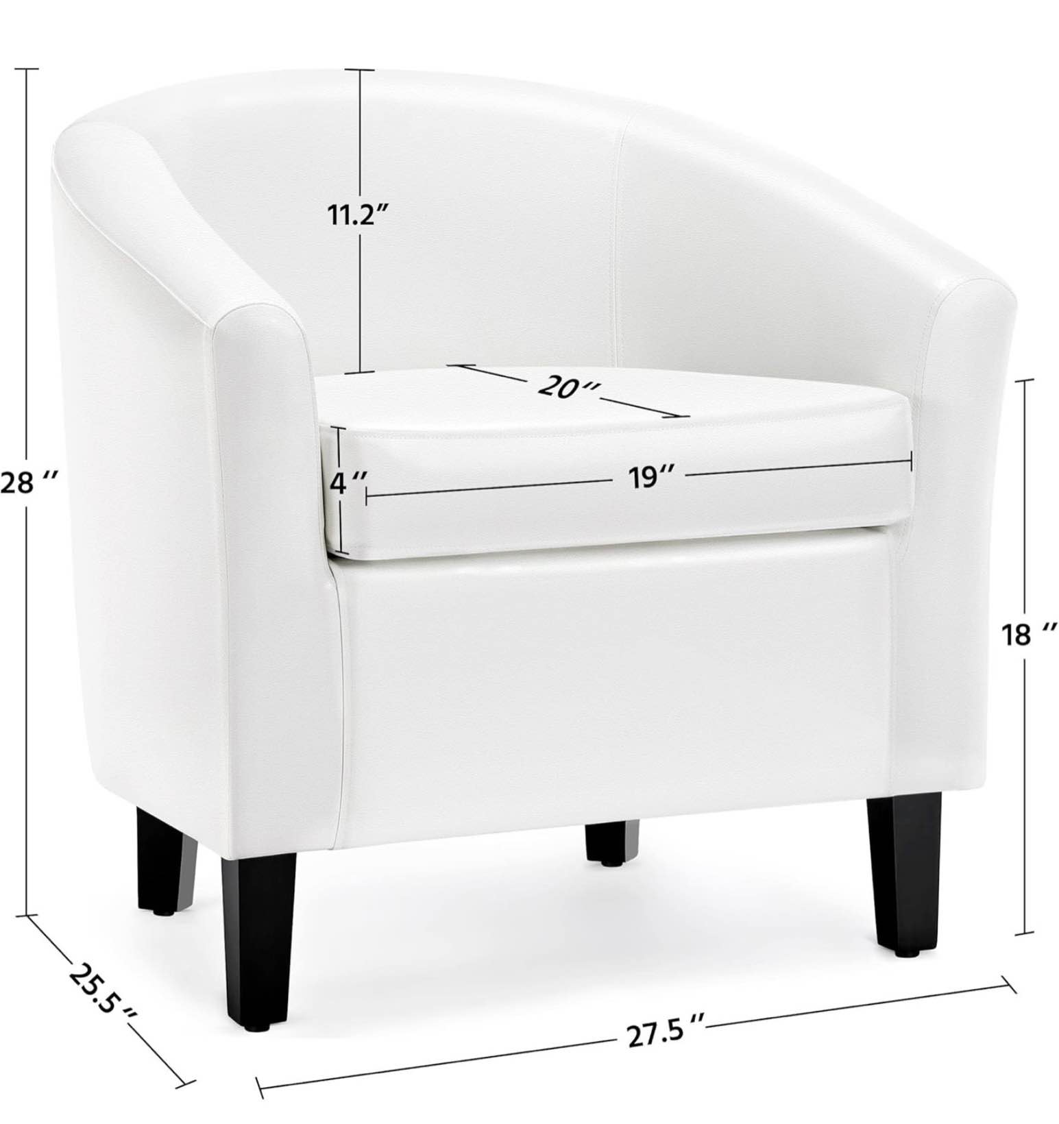 Condition photo showing Good Condition for yaheetech white accent chair ,  faux leather barrel chair,  modern living room chair , comfy club chair with sturdy wood legs for bedroom/reading/room/waiting room, white