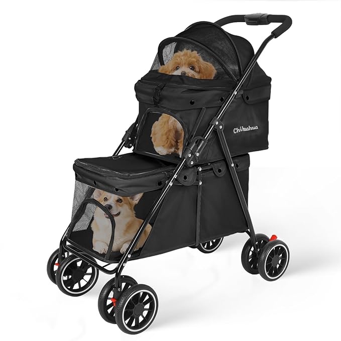 manyfun 2 tier pet stroller with 360° degree front swivel & brakes 4-wheeled pet stroller for dog and cat foldable(black)