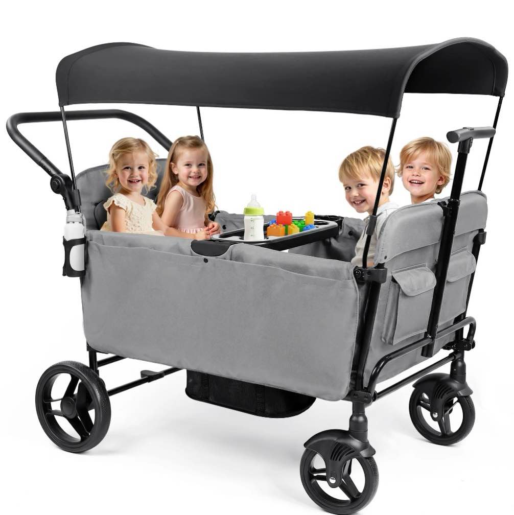 vomeast wagon stroller for kids, spacious 4-seater stroller wagon with adjustable canopy, pull & push handle, 5-point harness, foldable for toddlers, gray