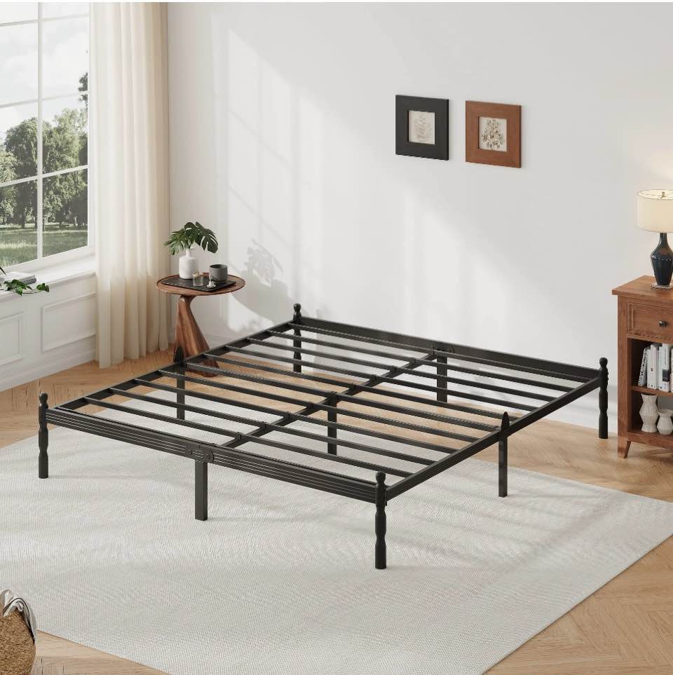 qftime 12" queen metal platform bed frame with anti-slip stoppers, heavy duty mattress foundation