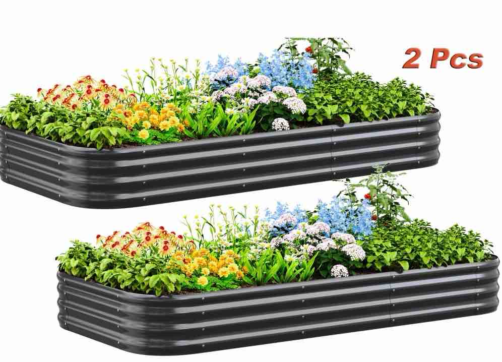 quictent 2pcs 8x4x1ft galvanized raised garden bed kit, oval large metal planting box for vegetables outdoor double strengthened by vertical bar and crossbar with liner, dark grey