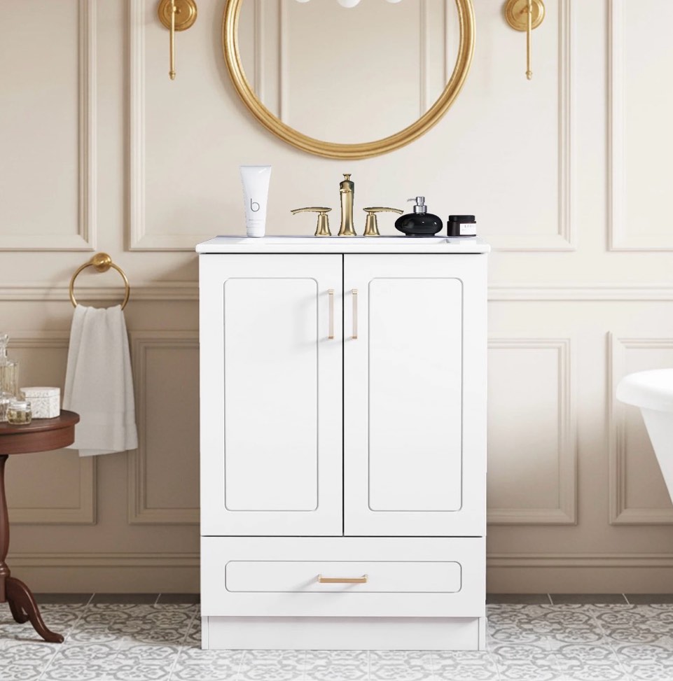 edx 24-inch bathroom vanity cabinet, freestanding modern cabinet vanity with sink, 2 soft-closing doors & 1 drawer,white