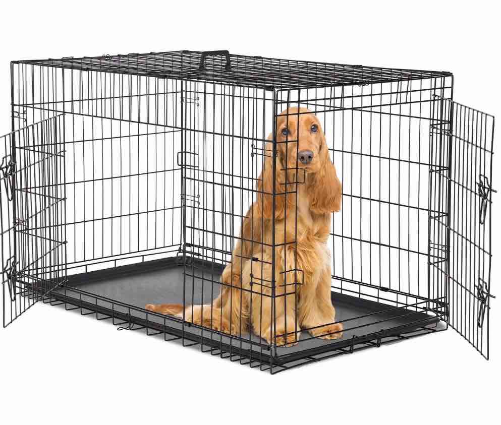 concetta 48 inch double-door folding dog crate, portable small cage with divider, leak-proof tray