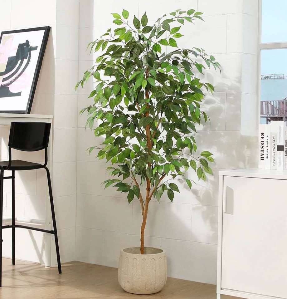 5ft artificial ficus tree with natural wood trunk and lifelike leaves, silk fake potted tree with wood branches, faux tree for office home decor
