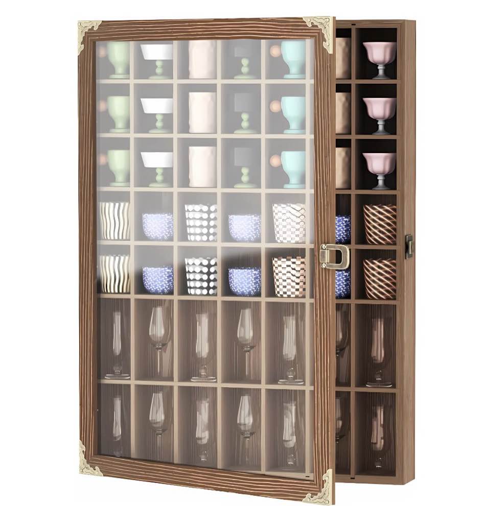 ymokee lockable curio & shot glass display case 49 slots wood wall-mounted shot glasses holder bar cabinet with acrylic door & removeable shelves
