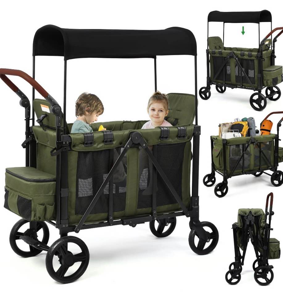 Vomeast Wagon Stroller for 2 Kids, 3-in-1 Outdoor Baby Stroller Wagon with Canopy, 5-Point Harness, Adjustable Handlebars, Removable Seat for Toddlers, Green