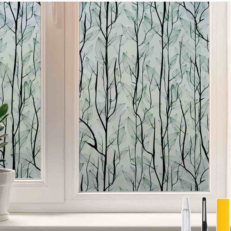 DKTIE 29.5" x 78.7" Green Leaf Pattern Decorative Window Film, Blocks Ultraviolet Rays, Electrostatically Adheres to the Surface, Comes with Installation Tools