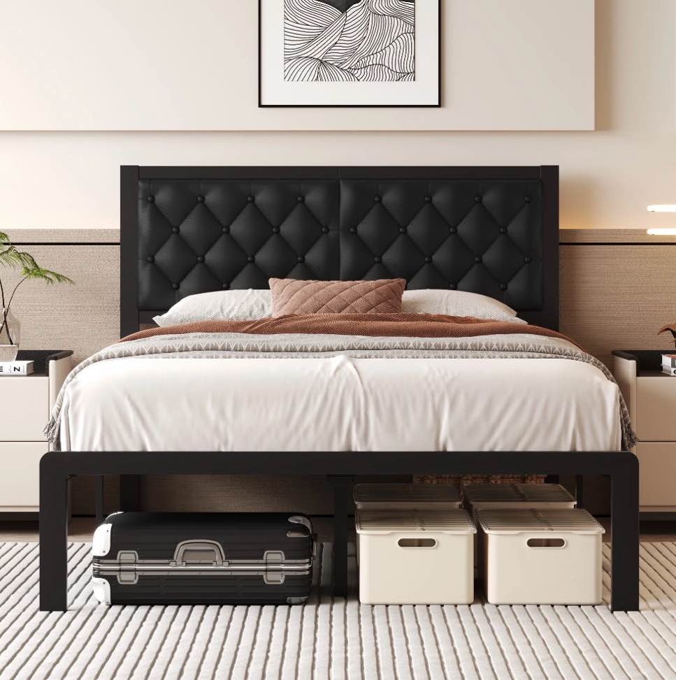 Lifezone Upholstered Bed Frame with Headboard, Full, Metal Support, No Box Spring Needed, Black