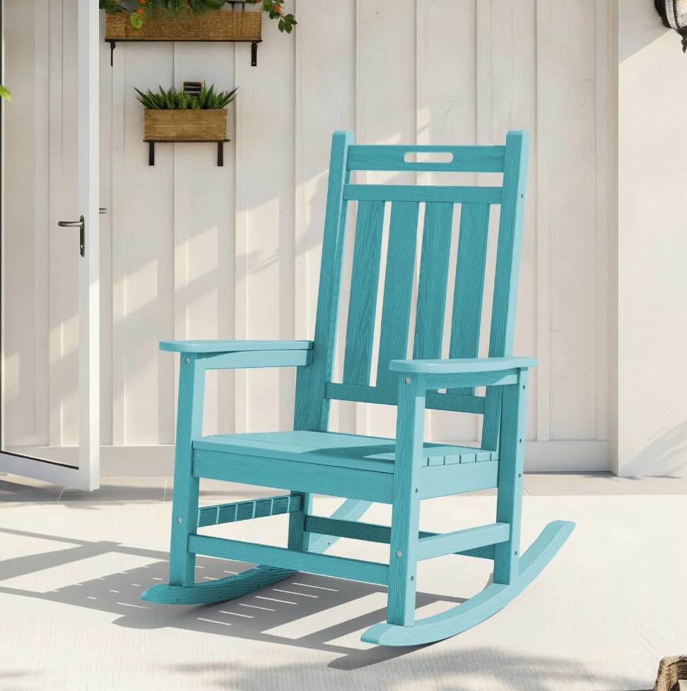 LOYALICE HDPE Outdoor Rocking Chair for Porch Patio, All-Weather High Back Rocker with Wood-Grain Texture, Heavy-Duty Deck Garden Seating, Fade-Resistant & Easy to Clean,Peacock Blue