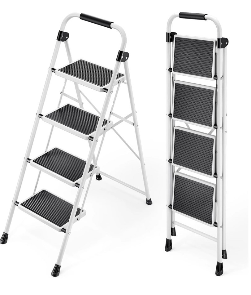 edx 4-Step Folding Step Stool for Adults - 330 Lbs Capacity, Sturdy Steel Frame, Wide Non-Slip Pedal & Top Handrail, Lightweight Portable Ladder for Home Kitchen, Black