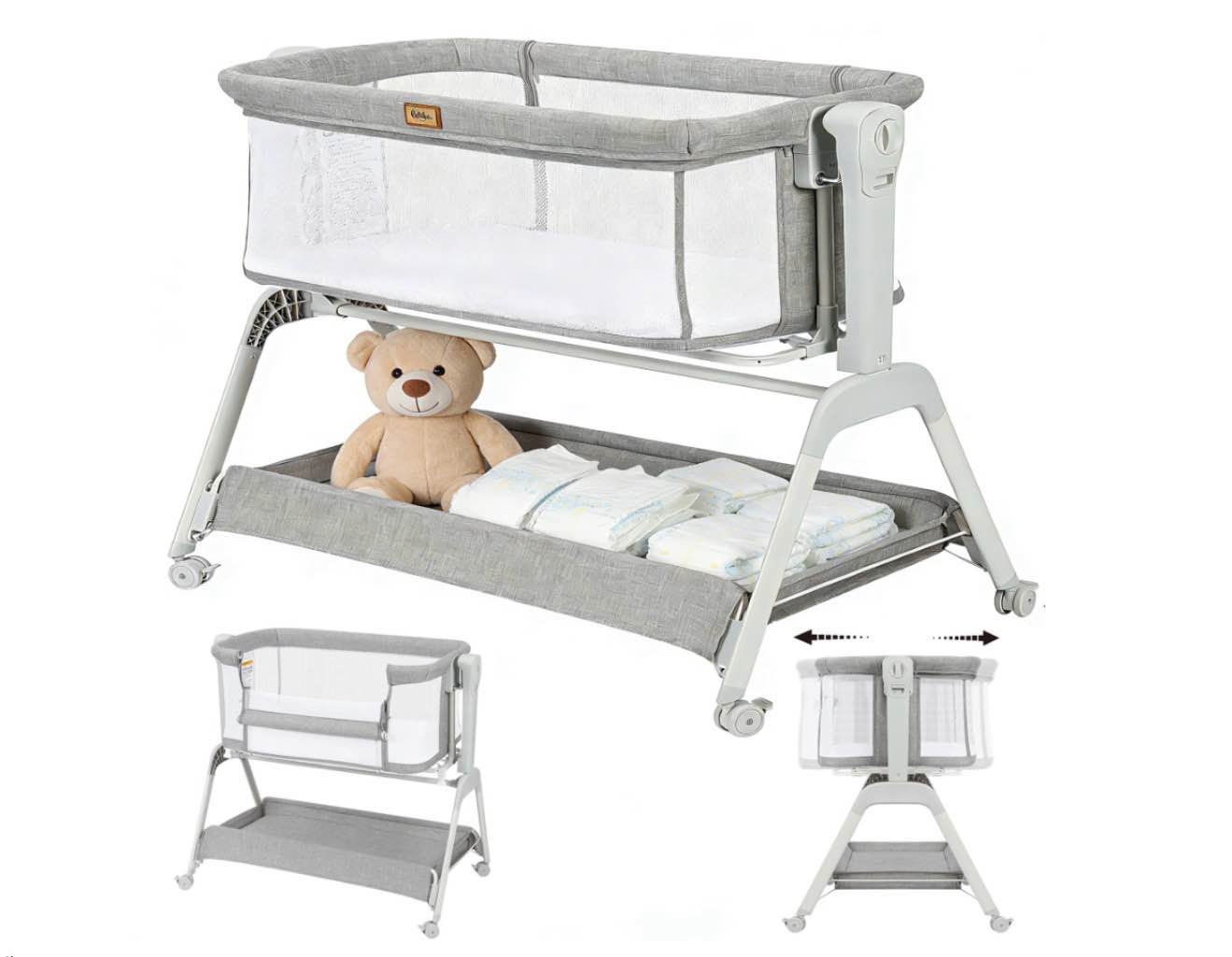 Baby Bassinet, Bobiber 3-in-1 Baby Bassinet Bedside Sleeper with Rocking and Adjustable Height, Storage Basket, Wheels, for 0-24 Months, Grey