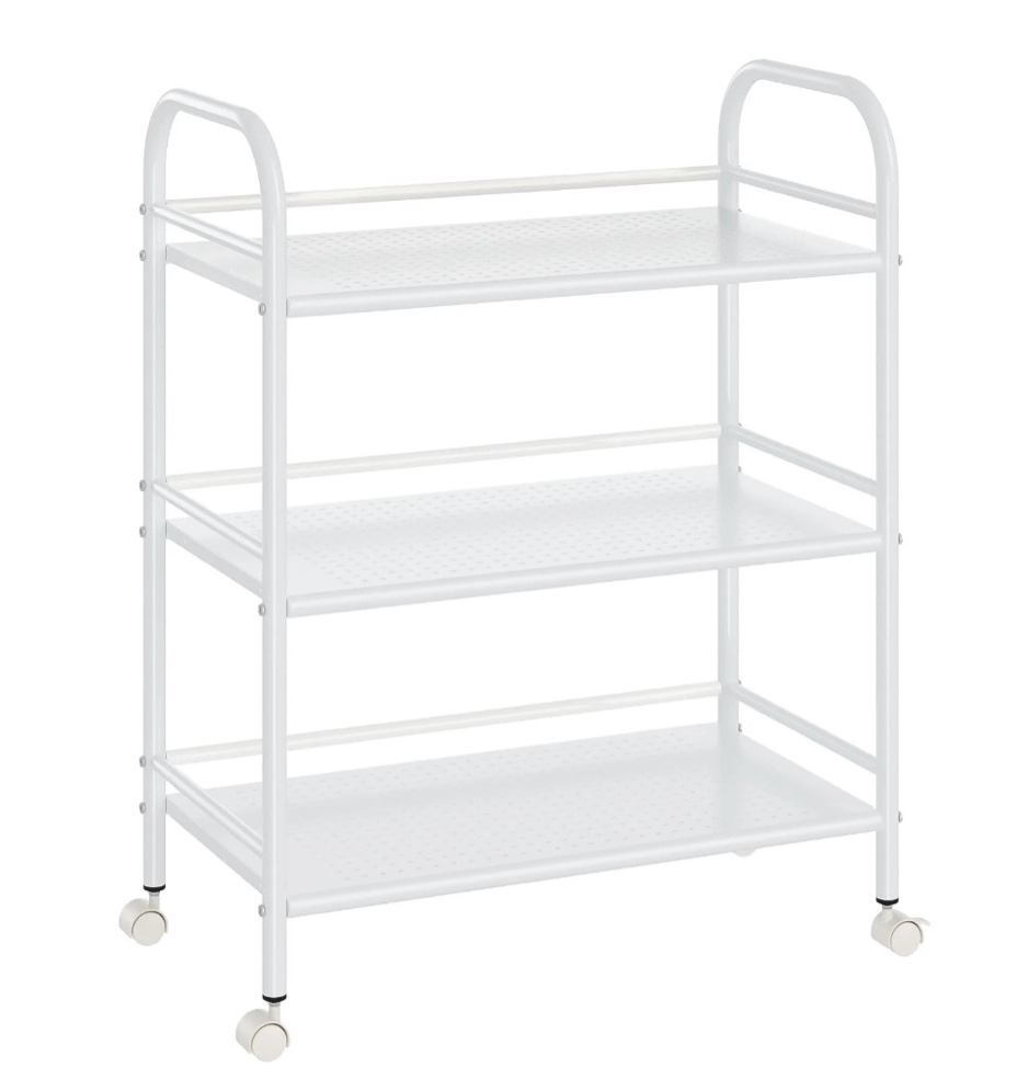 cshidworld 3-tier metal rolling cart, heavy duty multifunctional metal frame with 2 lockable wheels, storage rack kitchen cart island with shelves for home office kitchen bathroom bedroom, white