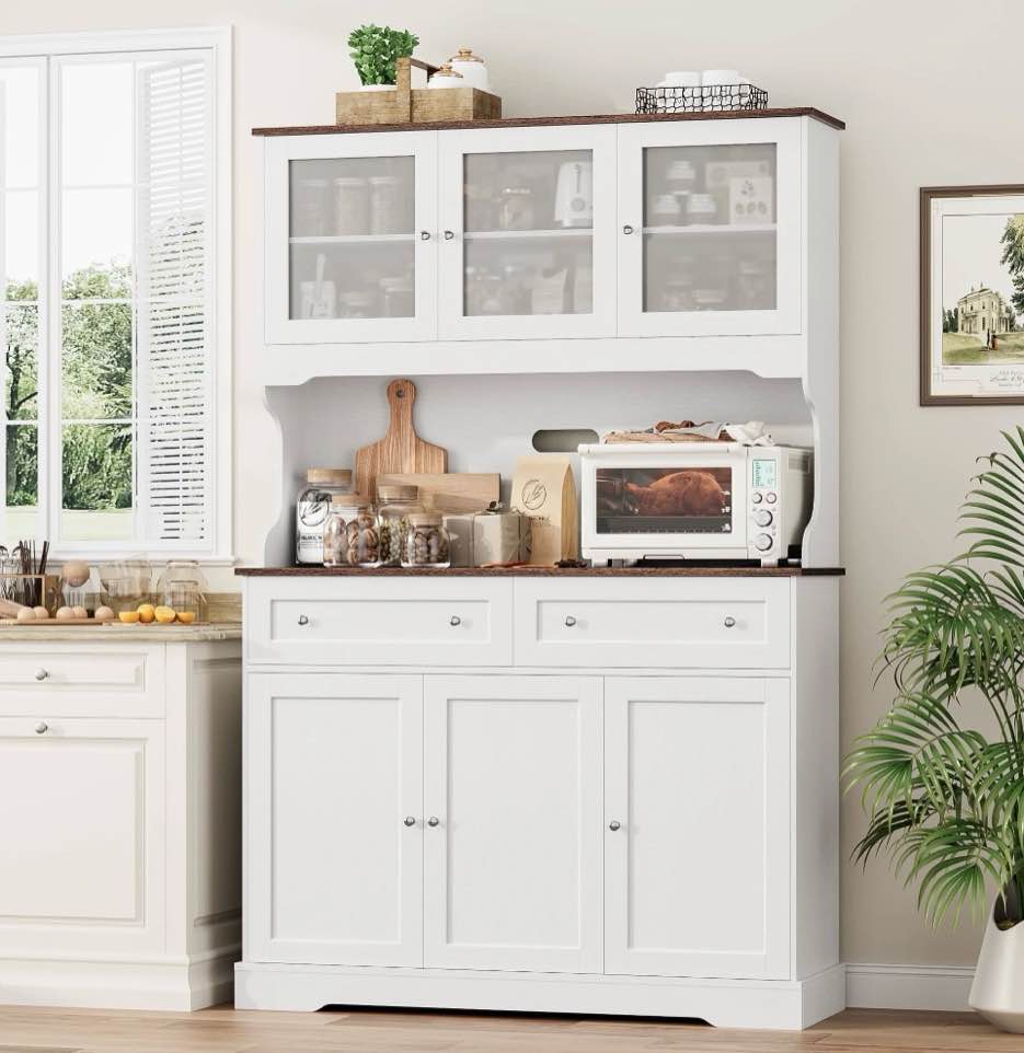 hiphuta 72"tall kitchen pantry storage cabinet with power outlet, freestanding cupboard storage buffet hutch with microwave stand, coffee bar with drawers & glass doors, white
