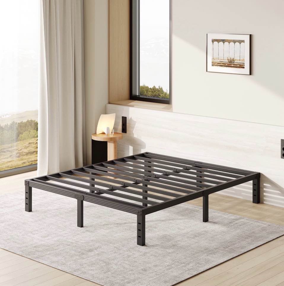 fschos 12 inch queen size bed frame, heavy duty metal platform, no box spring needed, easy assembly, black