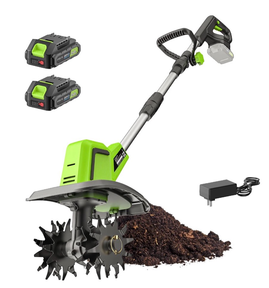 steelite 21v cordless tiller cultivator,9-inch electric garden tiller, 360rpm battery powered garden cultivator,lightweight rototiller and tiller for gardening, 2 ×2.0ah charger included
