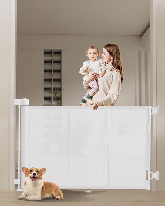 vomeast retractable gates,extends up to 71in wide baby safety gates dog gate for doorways stairs hallways(white)