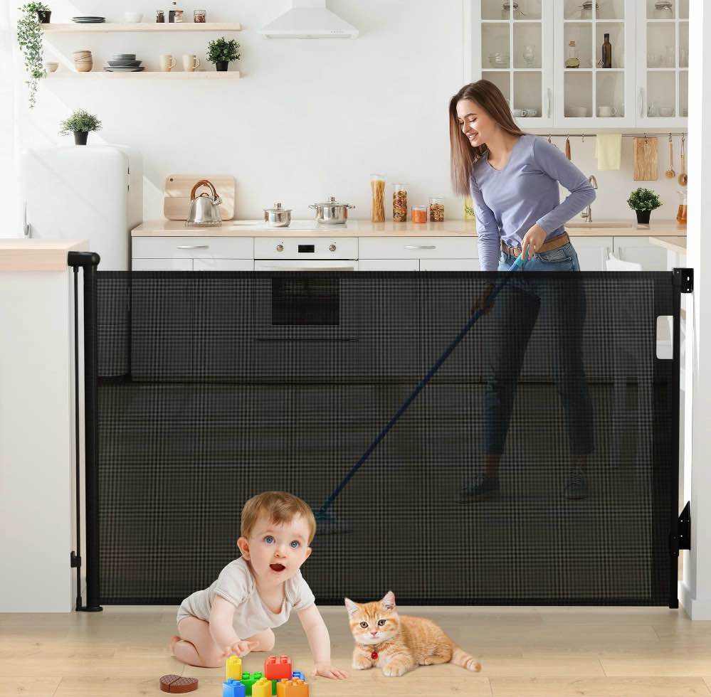 vomeast retractable gates,extends up to 71in wide baby safety gates dog gate for doorways stairs hallways(black)