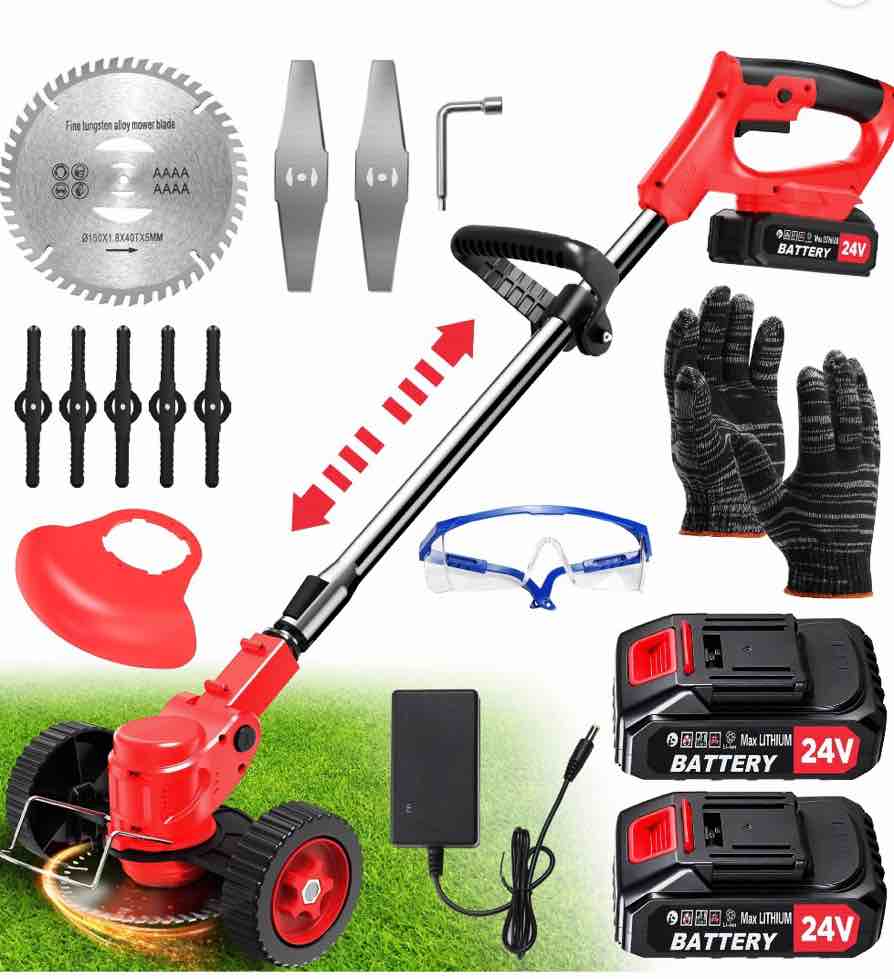 tntants electric weed wacker  cordless string trimmer with wheels  2pcs 24v batteries  3 types of blades  adjustable length  weed eater grass trimmer/edger/brush cutter for lawn yard garden (red)