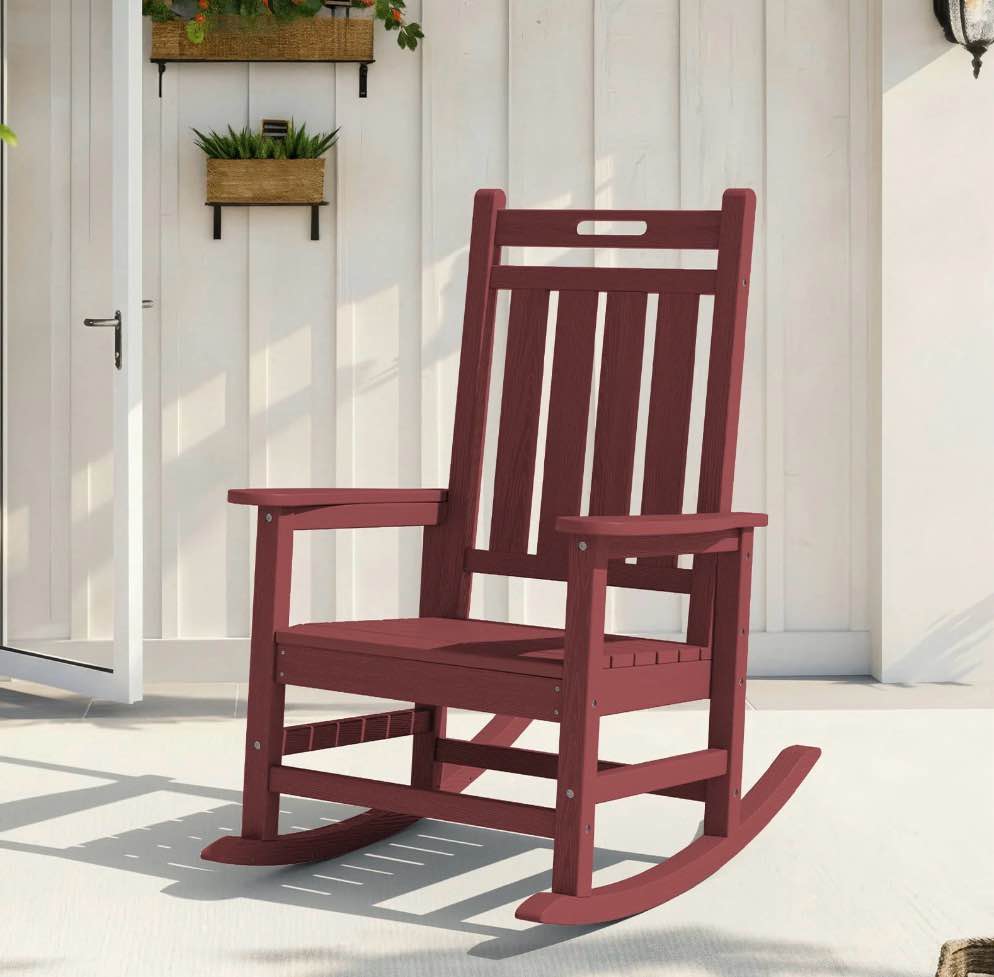 loyalice hdpe outdoor rocking chair for porch patio, all-weather high back rocker with wood-grain texture, heavy-duty deck garden seating, fade-resistant & easy to clean,dark red