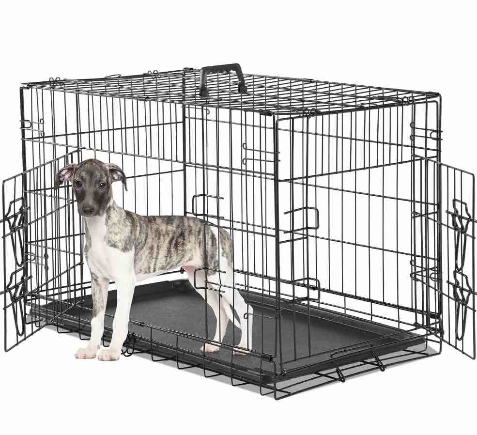 concetta 30 inch double-door folding dog crate, portable small cage with divider, leak-proof tray