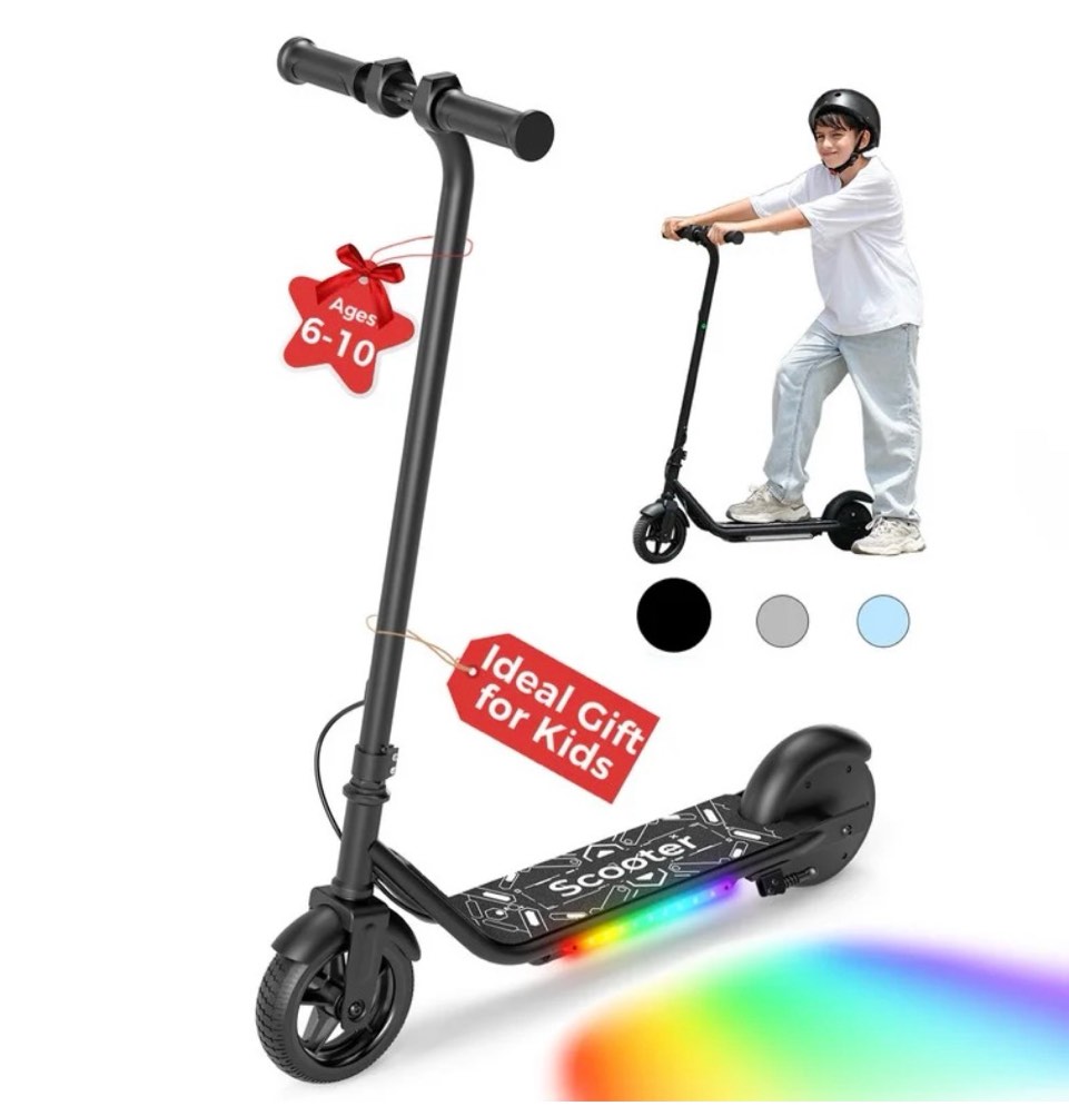 iscooter electric scooter for teens kids 6-10, 150w kids escooter with pedal breathing light & 6 / 10 mph for boys girls black