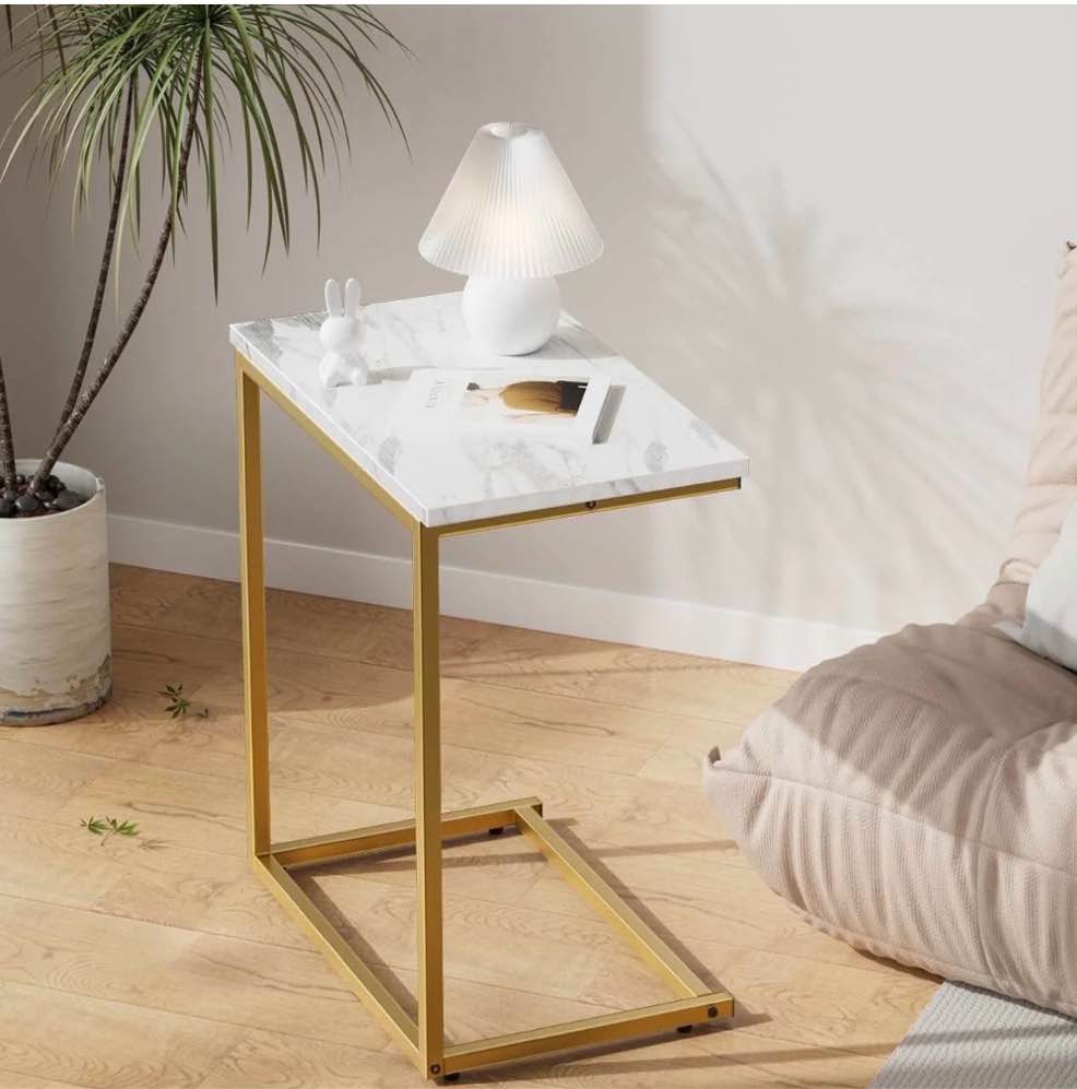c shaped end table, vintage side table for couch, laptop, coffee, snack, sofa side end table c shape for living room, 27"(h) x 19.7"(w) x 12.6"(d), marble