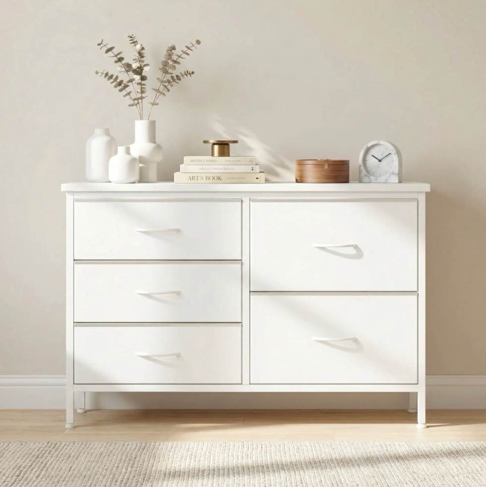 edx 5 drawer dresser for bedroom, 39.4" fabric chest of drawers with wood top metal frame, storage organizer for closet, hallway & living room, white