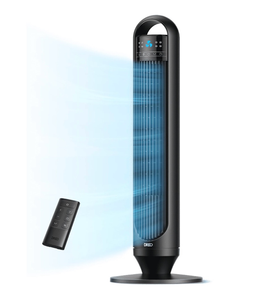 dreo tower fans for home, 32" standing floor fan, 26 ft/s bladeless fan with remote, 90° oscillating, 3 modes, 3 speeds, led display, 8h timer, quiet room fan