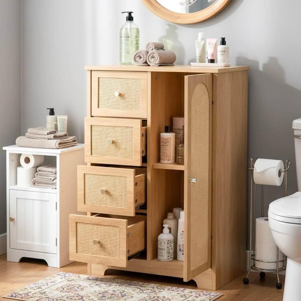 ktaxon wooden bathroom floor cabinet, side storage organizer with 4 drawers, 1 cupboard & 2-shelves, rattan