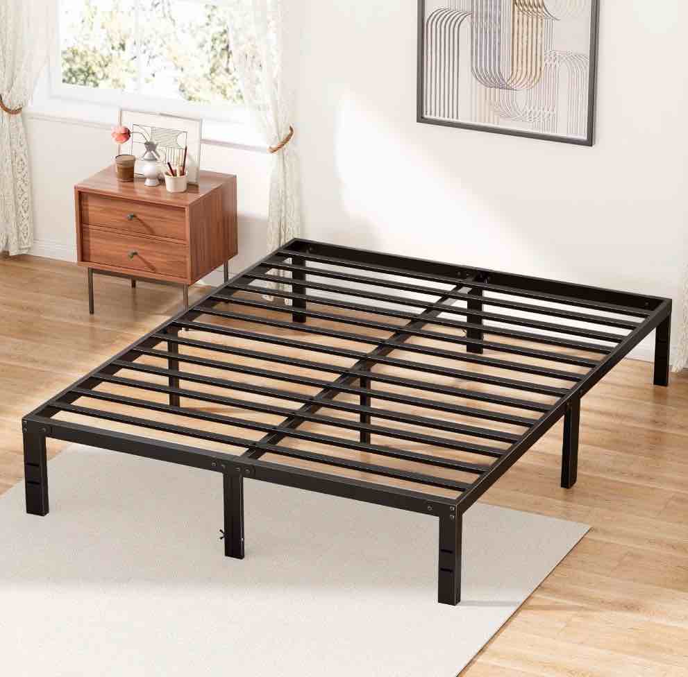 edx 14" high full size bed frame no box spring needed, heavy duty metal with sturdy steel slat support and under bed storage full