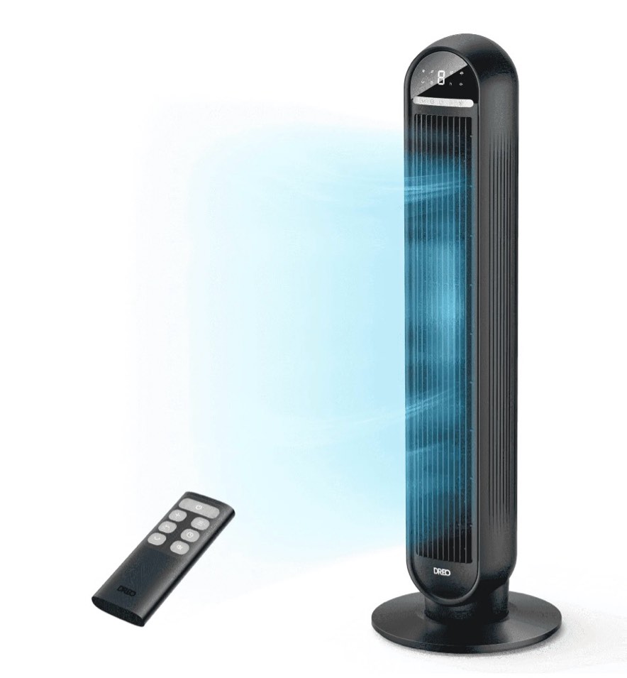 dreo tower fans for home, 36" standing floor fan with remote, 90° oscillating fan, 28 ft/s high velocity, led display, 8 speeds, 4 modes, 8h timer, quiet bedroom fan