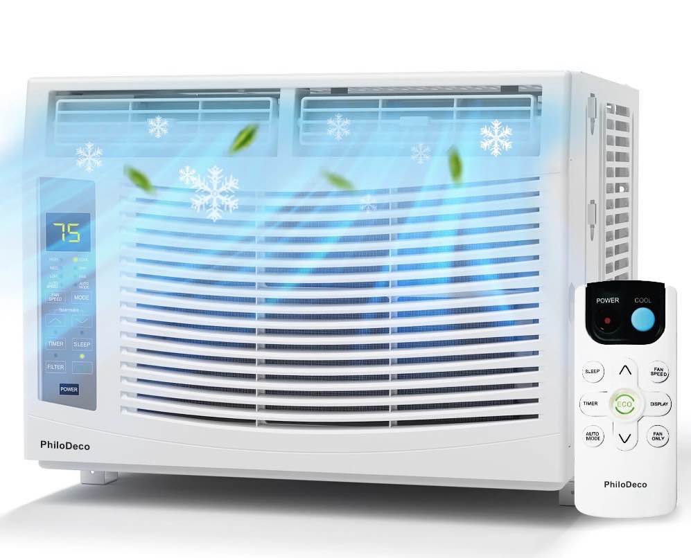 philodeco 6000 btu window air conditioner cool to 250 sq ft intelligent, led,, easy to clean filter screen, can be used as a dehumidifier/fan, operates quietly, and is energy-saving