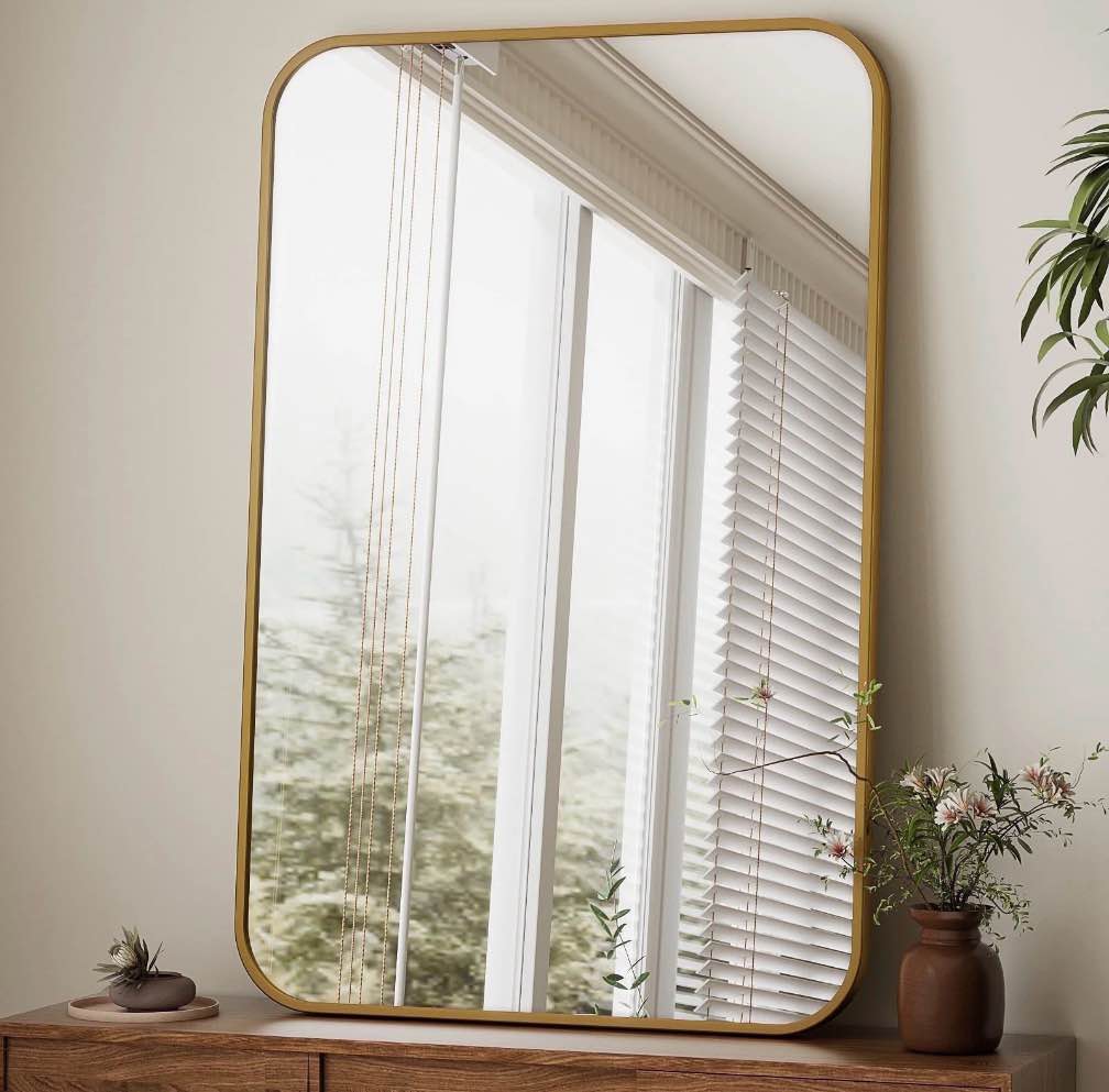 beautypeak 24"x36" wall mirror rounded corners hanging vanity mirror gold 24" x 36"