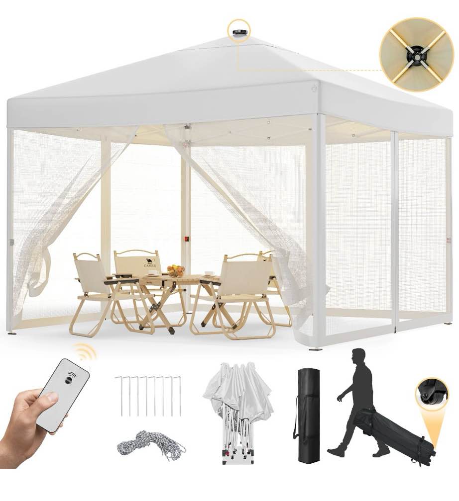 vecukty 10'x10' pop-up canopy tent with mesh sidewalls & led lights, instant outdoor shelter, white